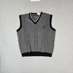 VINTAGE Kangol Men Sweater XL Gray Acrylic Wool Embroidered Vest Cable Knit